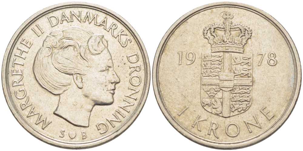 Дания 1 крона 1978 S; B, Маргрете II (1972-) KM 862.1 медно-никель 202-832