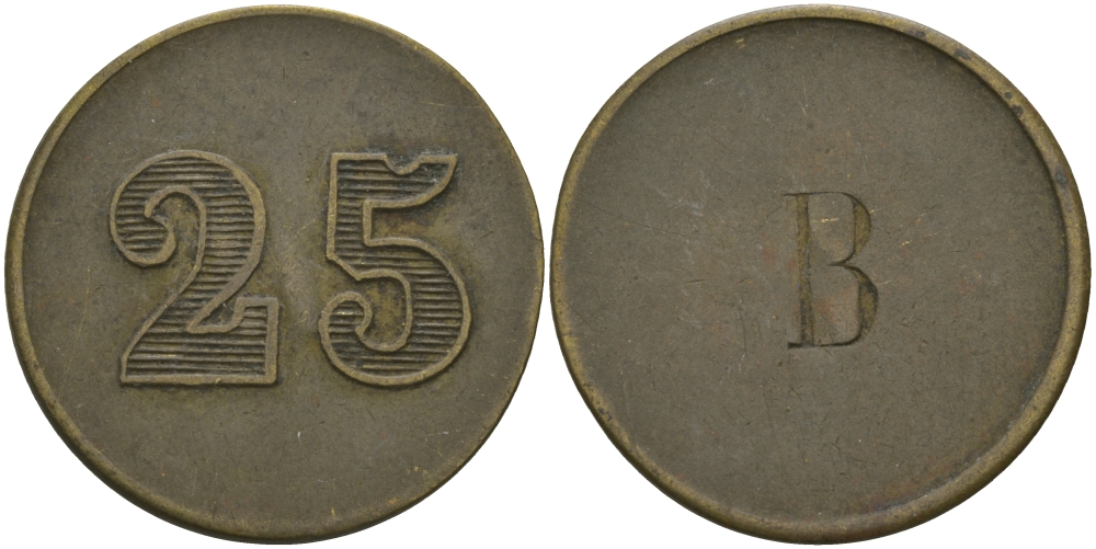 ФРАНЦИЯ 25 САНТИМОВ ND ПЛАТЕЖНЫЙ ЖЕТОН НАЧАЛА XX ВЕКА, НА РЕВЕРСЕ НАДЧЕКАНКА БУКВЫ В, ДИАМЕТР 24,5 ММ. латунь 98-921