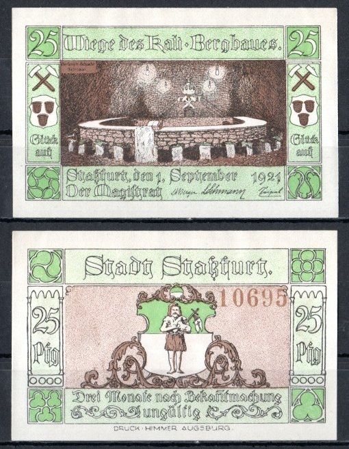 Штасфурт (Пруссия, Саксония) 25 пфеннигов 1921 Mehl Grabowski 1256.2a-3/6 бумага UNC (пресс) 7556-65-1-2