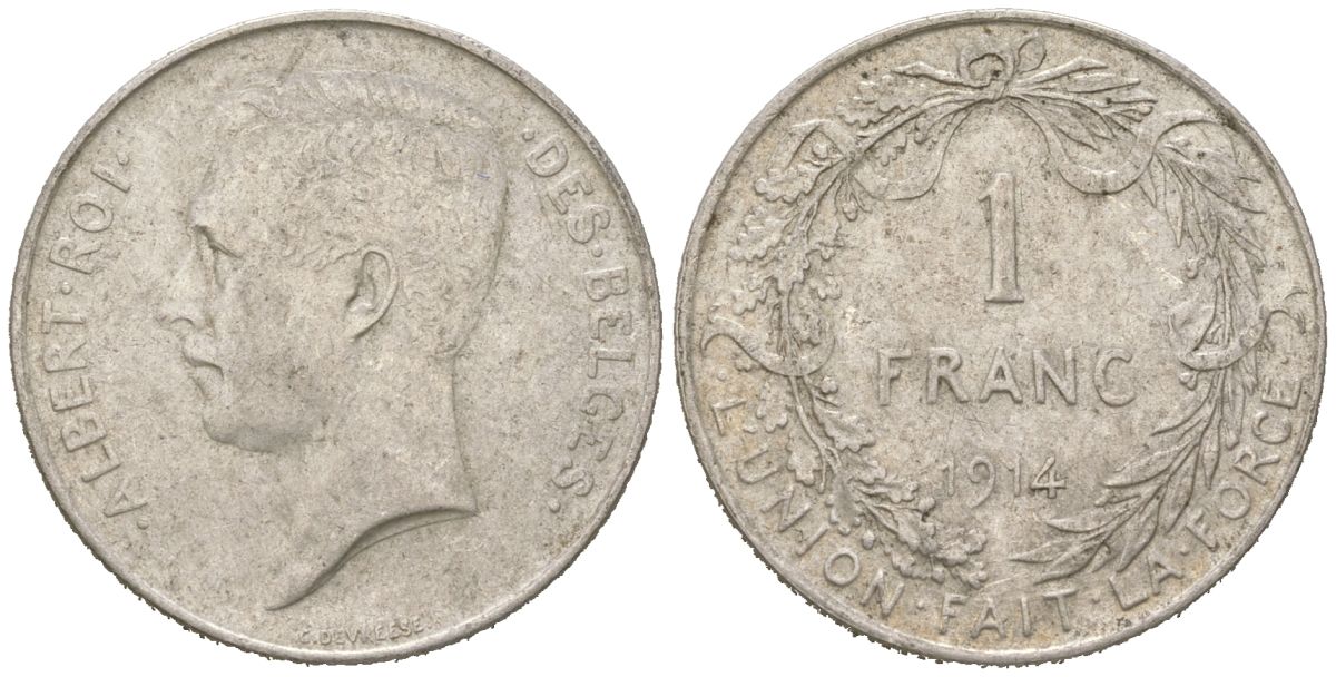 Бельгия 1 франк 1914 DES BELGES, Альберт I (1909-1934) KM 73 серебро 4543-1255