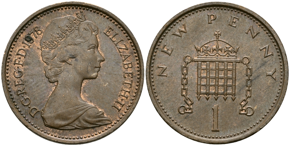 Великобритания 1 пенни 1978 Елизавета II (1952-2022) KM 915, Spink 4237 (B1) бронза 4396-1147