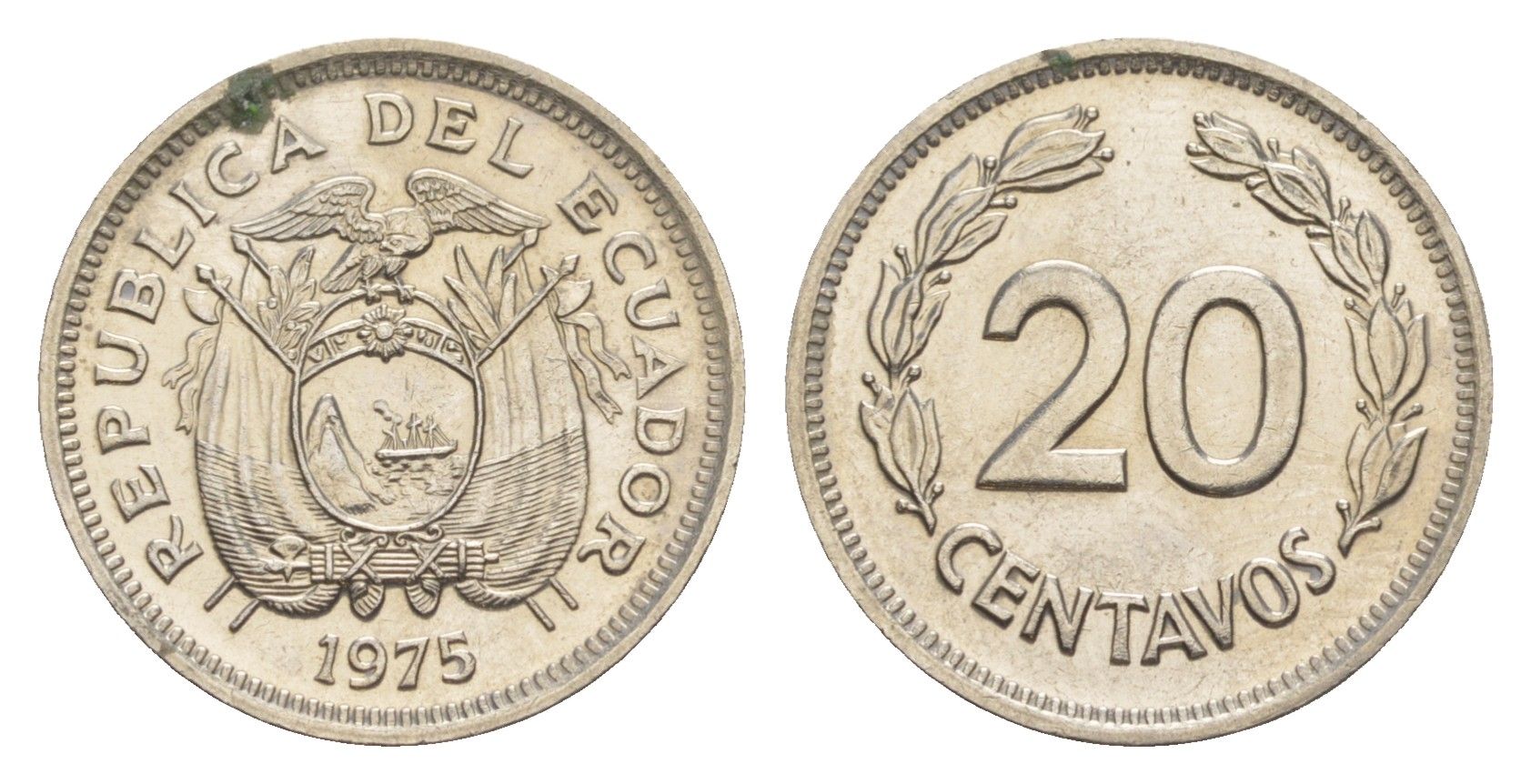 Эквадор 20 сентаво 1975 KM 77.2a сталь плакированная никелем UNC 4640-1237