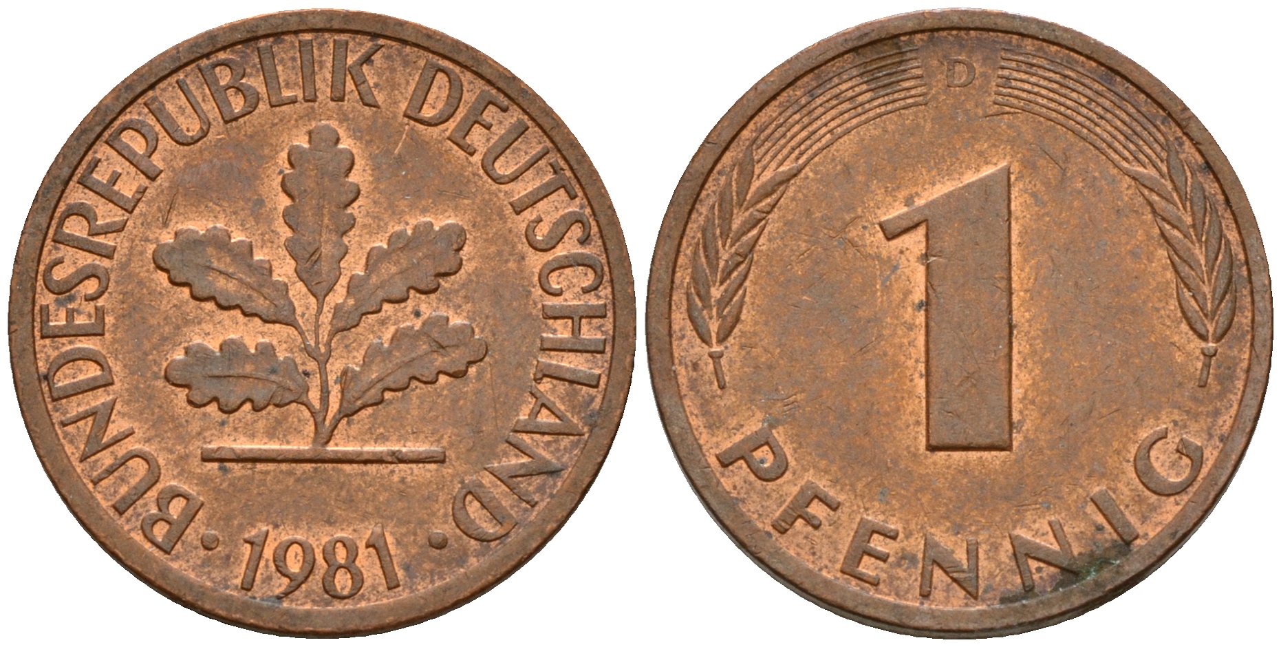 ФРГ 1 пфенниг 1981 D KM 105, J. 380 сталь плакированная медью    4598-616
