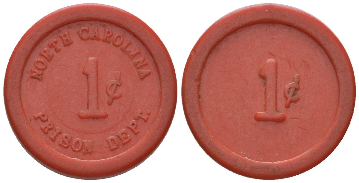 США, тюремное управление Северной Каролины тюремный жетон в 1 цент ND (1930-1970) TC?302197, Zara?NC-7, BHJD?NC-NCP-TB-001 пластик 4151-358
