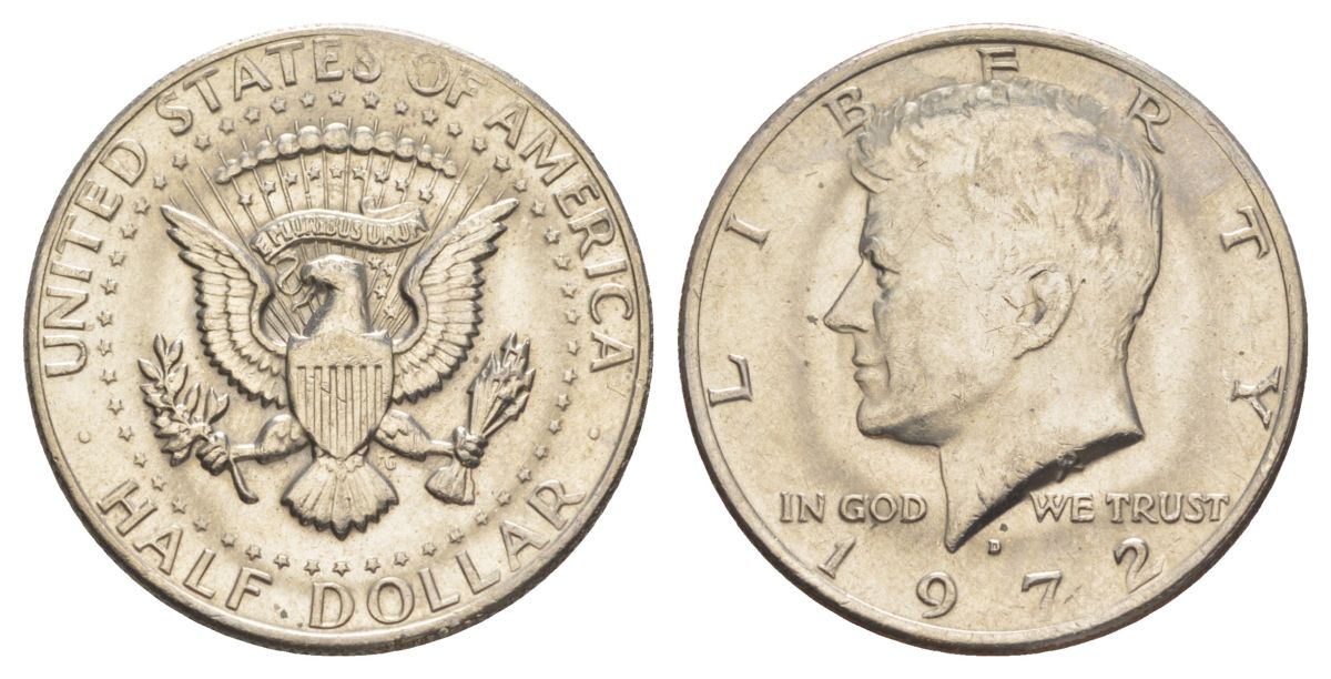 США 1/2 доллара (50 центов) 1972 D, Джон Кеннеди KM 202b медь плакированная медно-никелем aUNC 180-1121