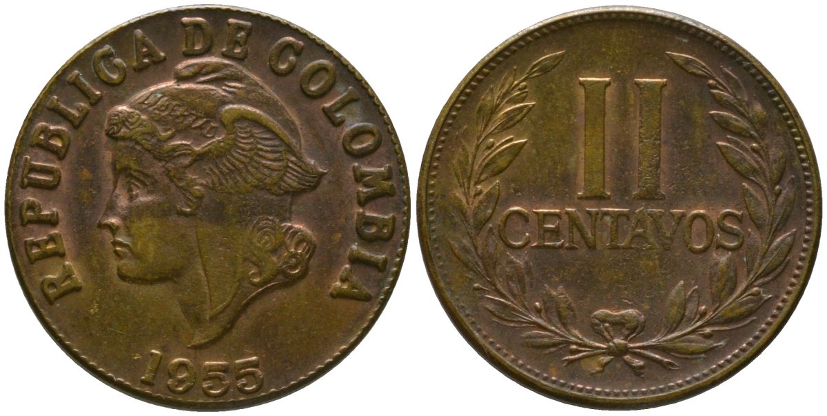 Колумбия 2 сентаво 1955 KM 214, Schon 32.2, Hernandez 346, Restrepo 358 латунь 00-00