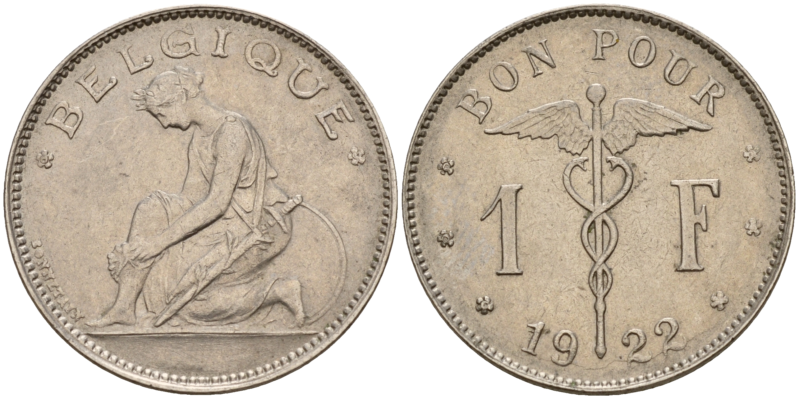 Бельгия 1 франк 1922 Belgique, Альберт I (1910-1934) KM 89 никель 4161-1212