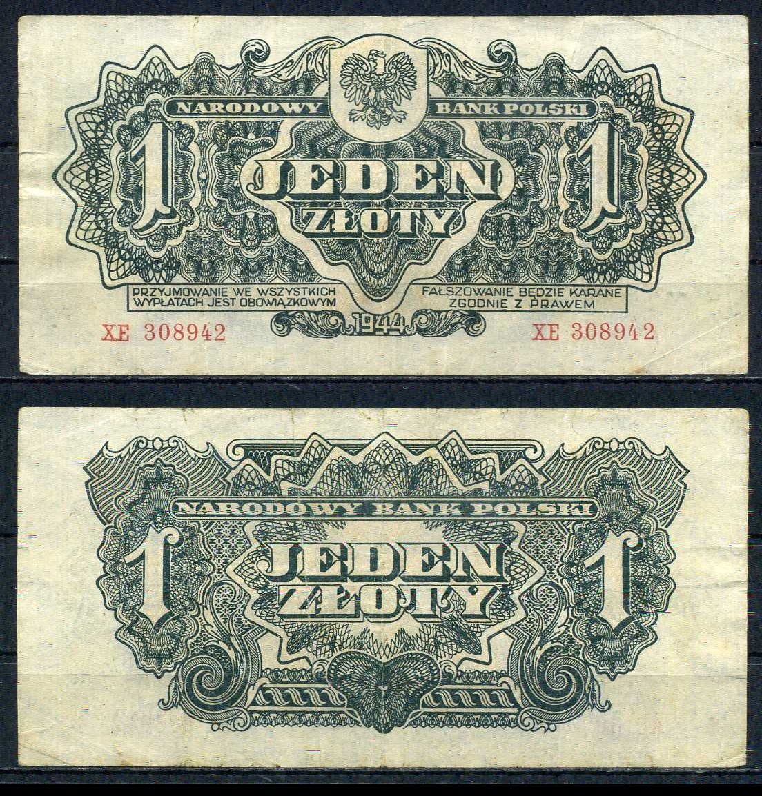 Польша 1 злотый 1944 Pick 105 a бумага 6283-14-1-2