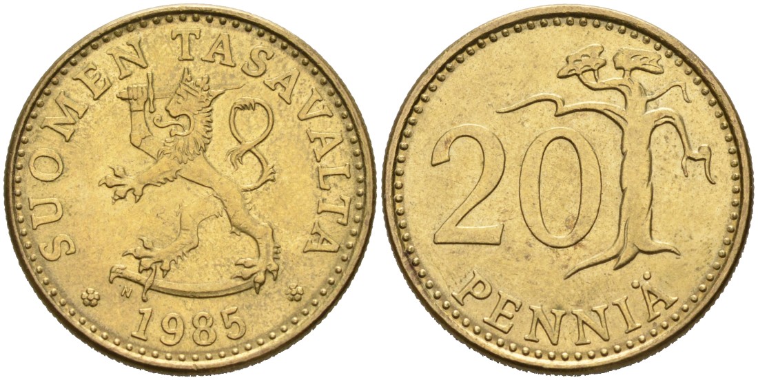ФИНЛЯНДИЯ 20 ПЕННИ 1985 N KM 47 алюминиевая бронза 4563-336