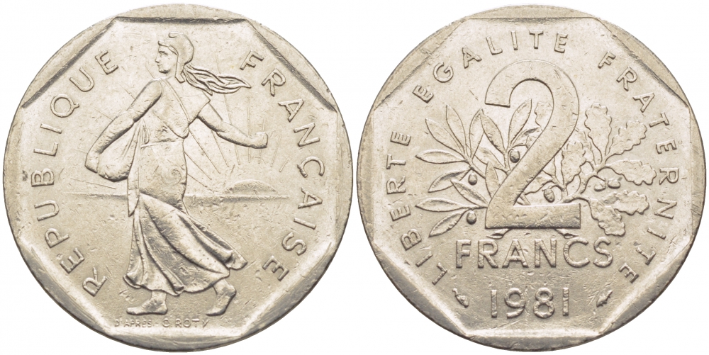 ФРАНЦИЯ 2 ФРАНКА 1981 СЕЯТЕЛЬ KM 942.1, LE FRANC 272.5 никель 175-1032