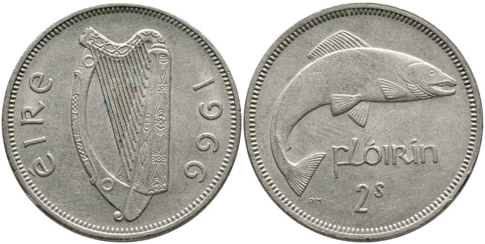 ИРЛАНДИЯ 1 ФЛОРИН = 2 ШИЛЛИНГА 1966 ЛОСОСЬ KM 15а медно-никель 4531-832