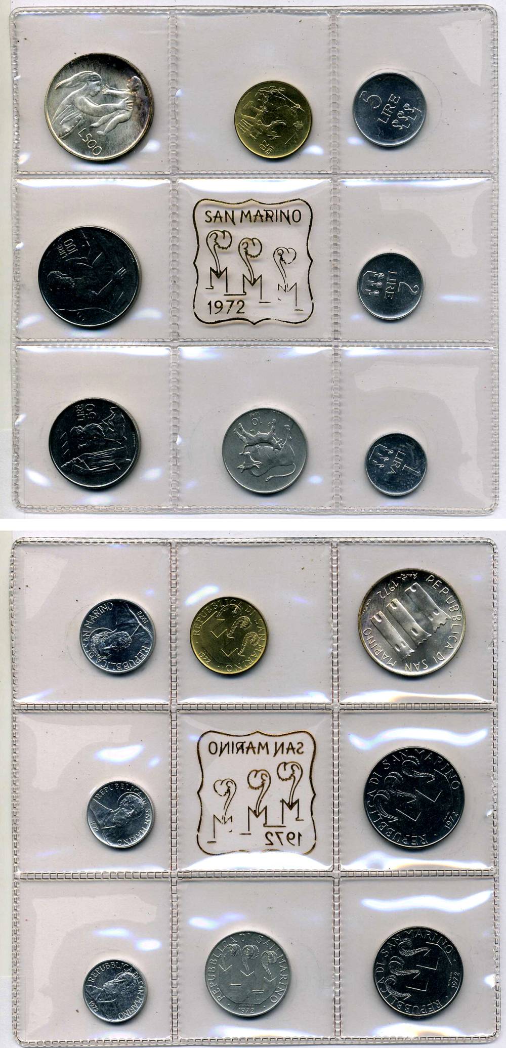 Сан-Марино годовой набор из 8 монет 1972 1, 2, 5, 10, 20, 50, 100 и 500 лир мать поднимает ребенка в воздух KM 14-21, в оригинальной пластиковой запайке серебро KM MS1 серебро UNC 3-4-5-12