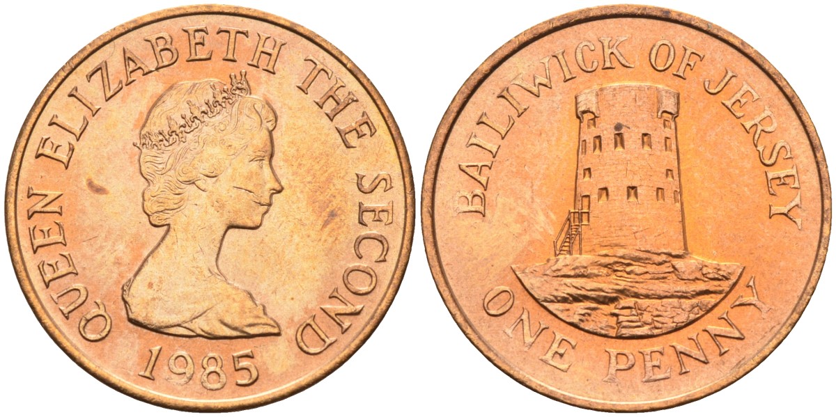 Джерси 1 пенни 1985 башня Святого Клемена KM 54 бронза UNC 4582-157