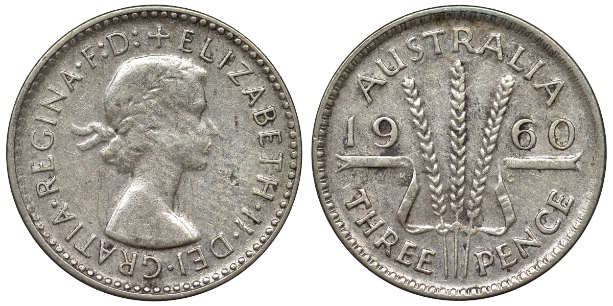 Австралия 3 пенса 1960 m, Елизавета II (1952-2022) KM 57 серебро 71-662