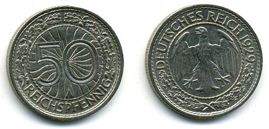 Германия 50 рейхспфеннигов 1929 А KM 49, J. 324 никель 58-532