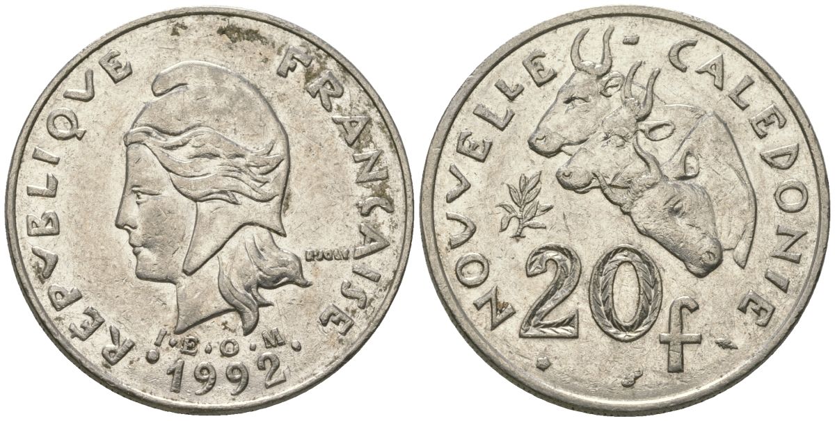 Французская Новая Каледония 20 франков 1992 три быка, (IEOM) KM 12, Schoen 14, Lec 115 никель 81-323
