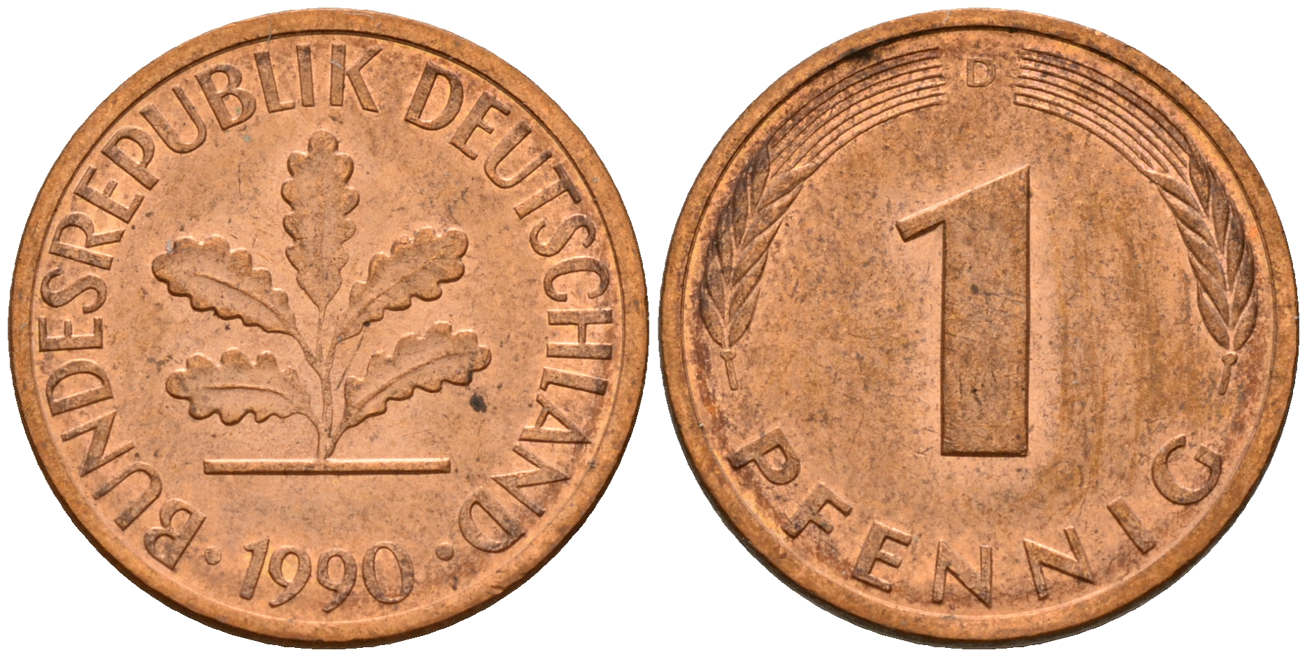 ФРГ 1 пфенниг 1990 D KM 105, J. 380 сталь плакированная медью    4598-659