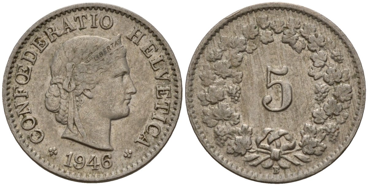 Швейцария 5 раппенов 1946 B KM 26 медно-никель 4189-325