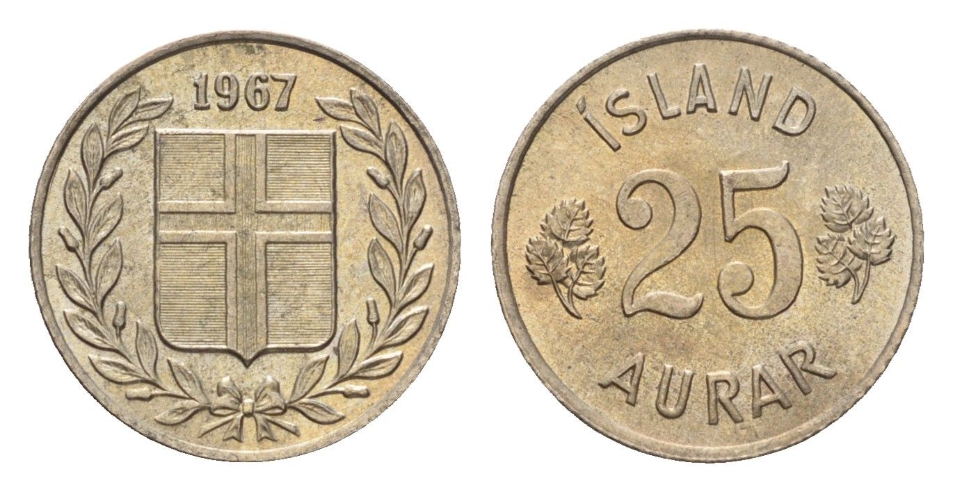 Исландия 25 эйре 1967 KM 11 медно-никель UNC 4690-643