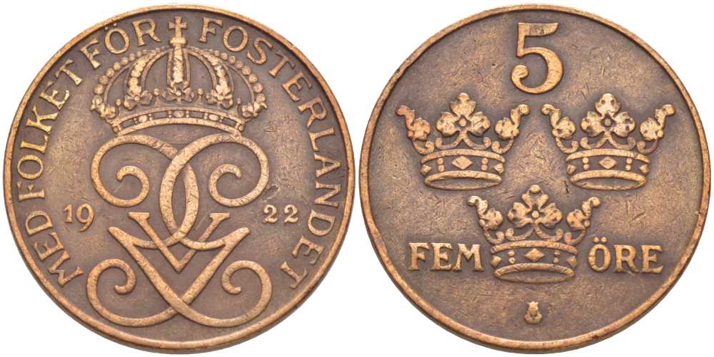 Швеция 5 эре 1922 Густав V (1907-1950) KM 779.2 бронза 115-836