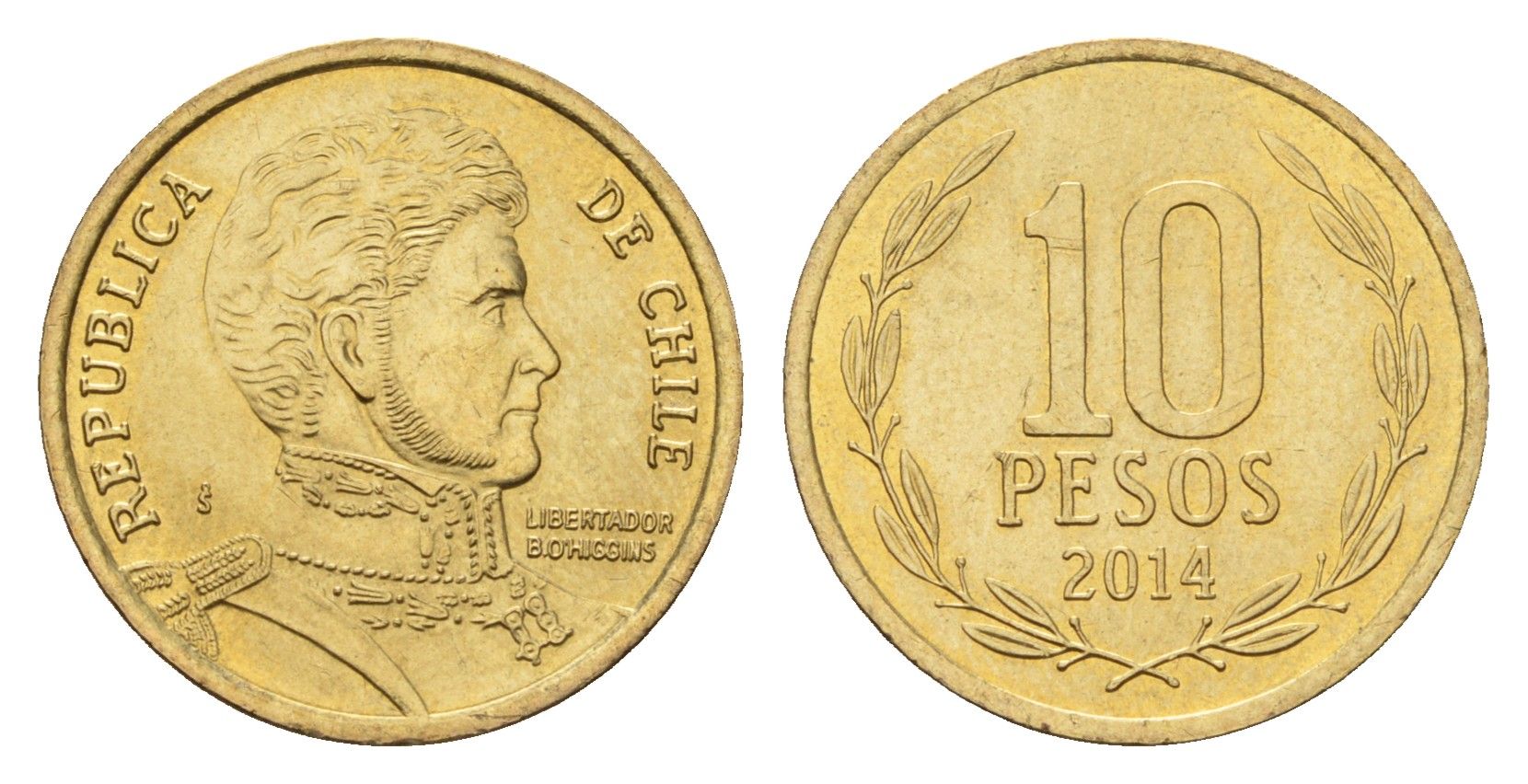 Чили 10 песо 2014 KM 228 никель латунь UNC 4674-842