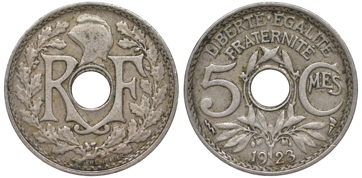 ФРАНЦИЯ 5 САНТИМОВ 1923 tb, ТИП ЛИНДАЙЁ, МОНЕТНЫЙ ДВОР ПУАССИ, МОЛНИЯ KM 875, LE FRANC 122.7 медно-никель 45-454