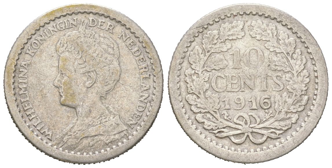 Нидерланды 10 центов 1916 Вильгельмина (1890-1948) KM 145 серебро 4151-149