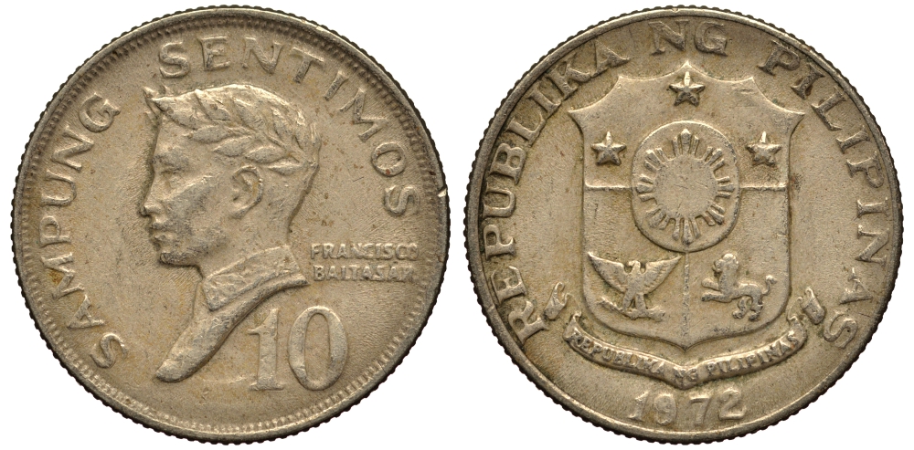 ФИЛИППИНЫ 10 СЕНТИМО 1972 ПОЭТ ФРАНСИСКО БАЛЬТАСАР KM 198 медь цинк никель VF 4181-256