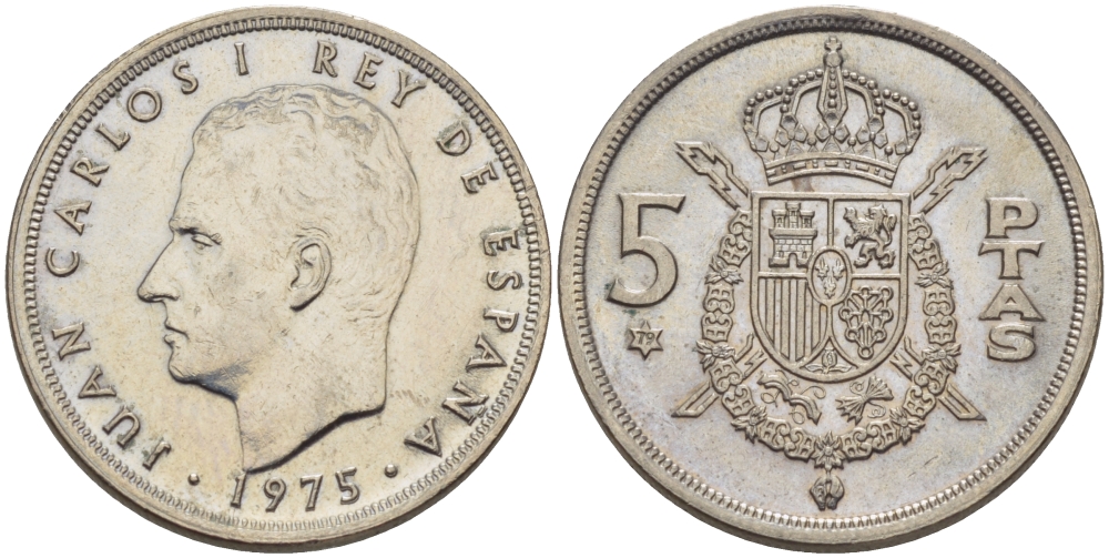 Испания 5 песет 1975 (79) Хуан Карлос I (1975-2014) KM 807 медно-никель 67-921