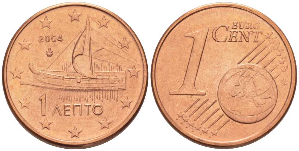 ГРЕЦИЯ 1 ЕВРОЦЕНТ 2004 KM 181 сталь плакированная медью UNC 214-339