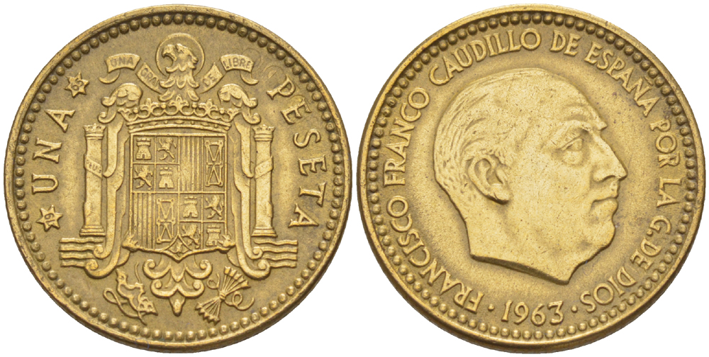 Испания 1 песета 1963 (65) Франсиско Франко (1939-1975) KM 775 алюминиевая бронза 216-555