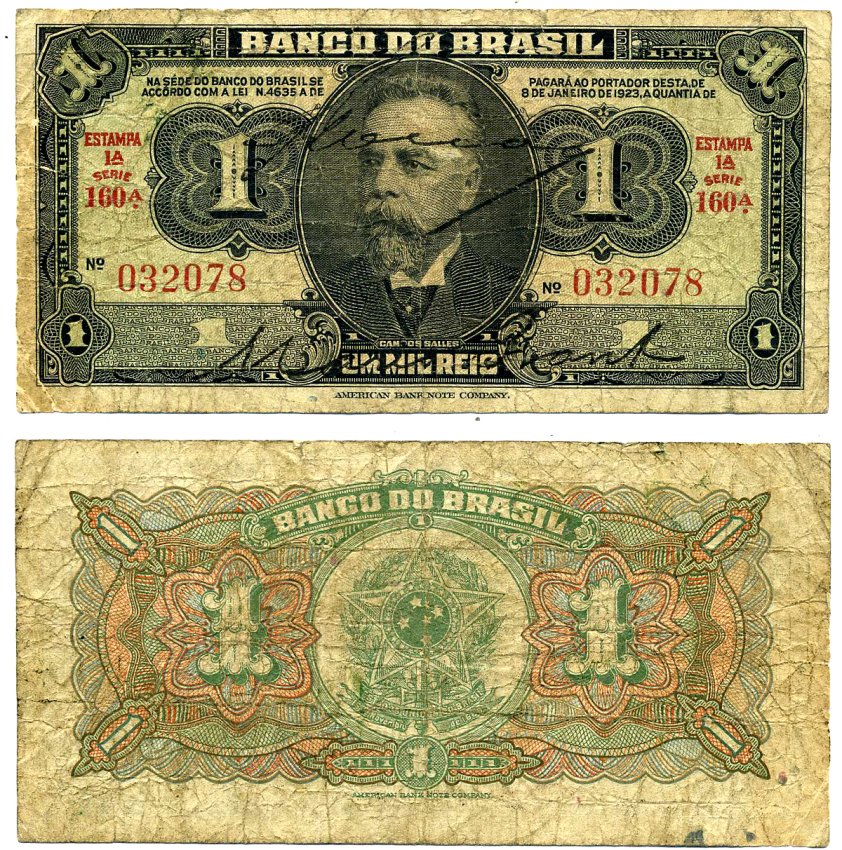 Бразилия 1 мил рейс 1923 серия 160А, ESTAMPA 1A, Pick 110В бумага 8603-36-1-1