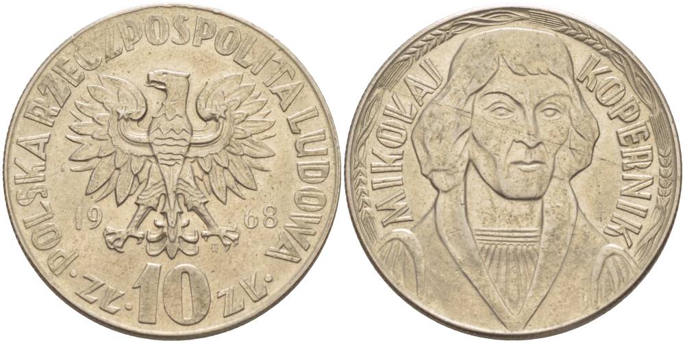 Польша 10 злотых 1968 MW, Николай Коперник KM 51а медно-никель 4542-734