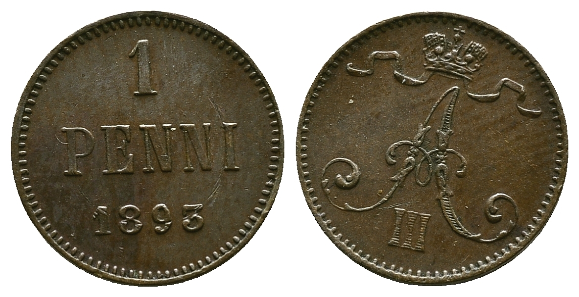 РОССИЯ ДЛЯ ФИНЛЯНДИИ 1 ПЕННИ 1893 АЛЕКСАНДР III KM 10, Биткин 256 медь 4383-441