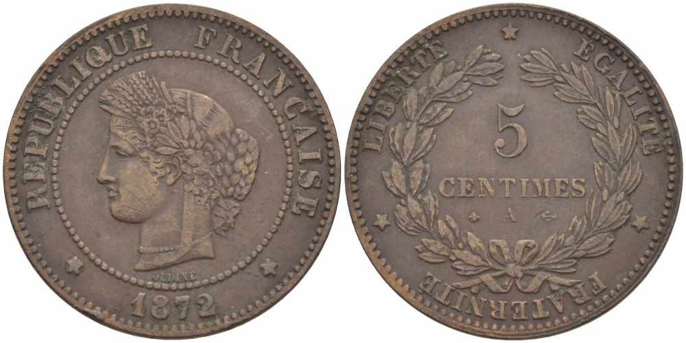 ФРАНЦИЯ 5 САНТИМОВ 1872 А, ТРЕТЬЯ РЕСПУБЛИКА (1871-1940) KM 821.1, LE FRANC 118.5 бронза 108-616