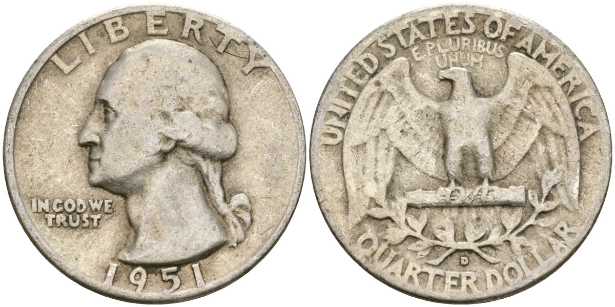 США 25 центов = квотер 1951 Вашингтон KM 164 серебро 4573-1225