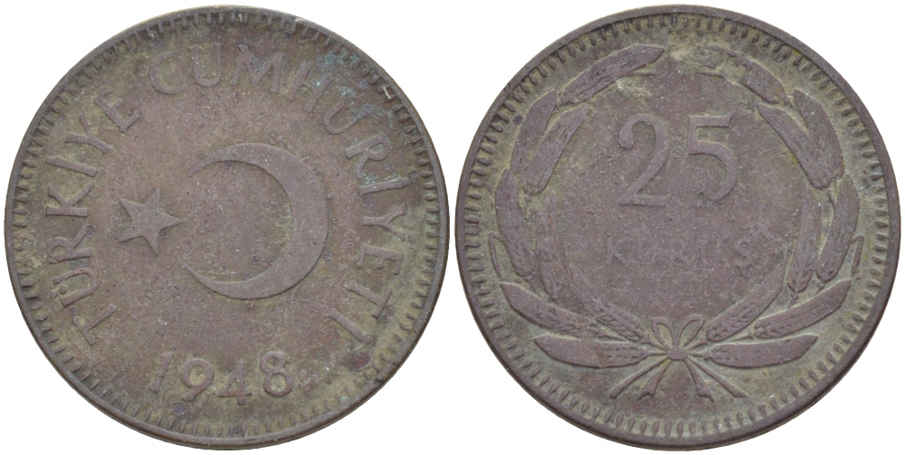 ТУРЦИЯ 25 КУРУШ 1948 KM 886 латунь 4529-1216