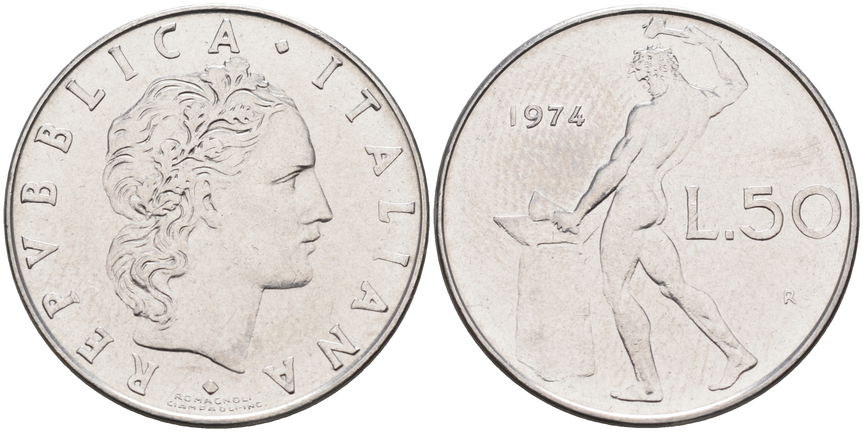 Италия 50 лир 1974 R, бог огня Вулкан у наковальни KM 95.1 нержавеющая сталь 4116-346