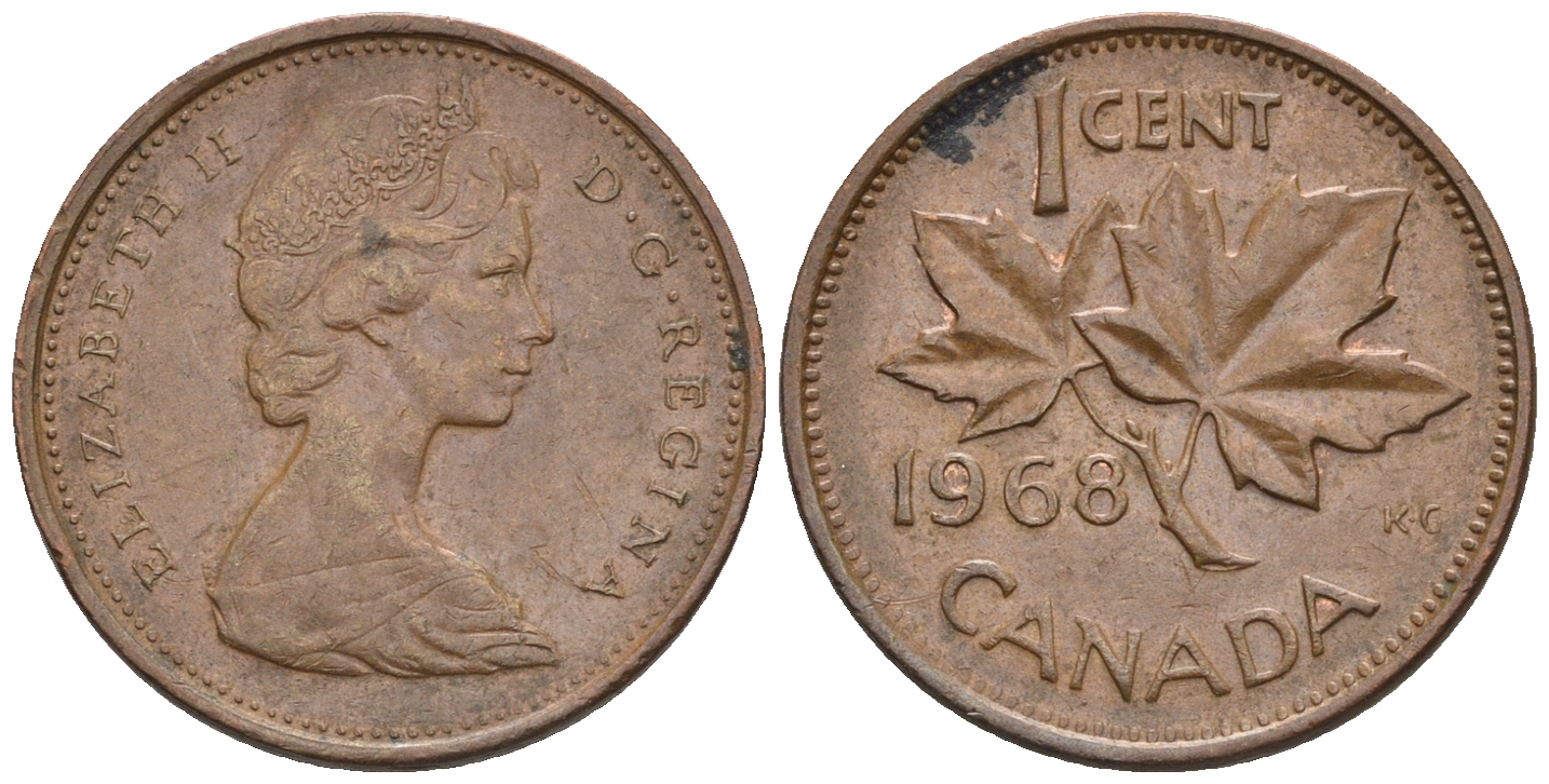 Канада 1 цент 1968 Елизавета II (1952-2022), кленовый лист KM 59.1 бронза 4609-134