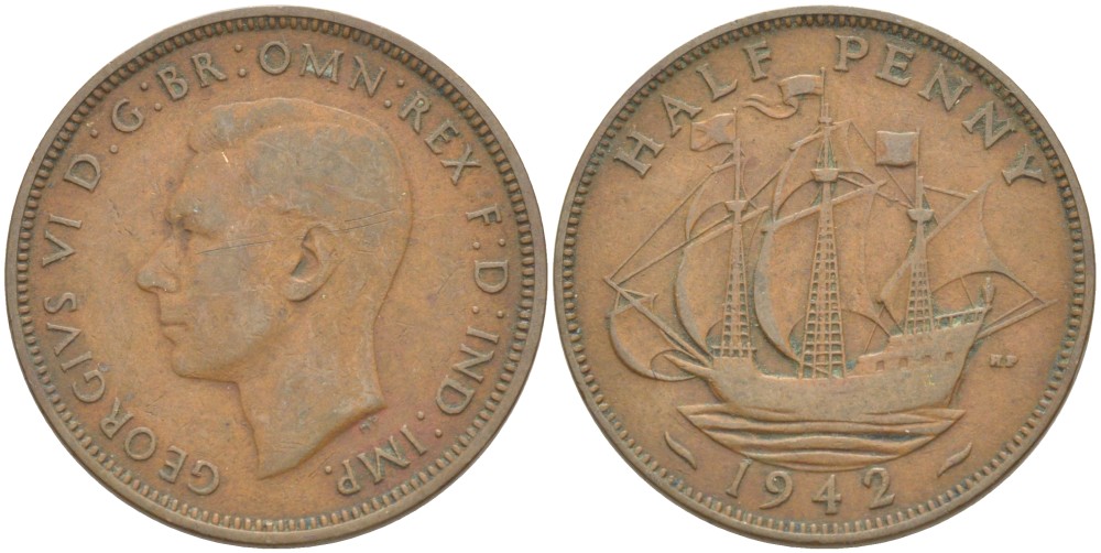 Великобритания 1/2 пенни 1942 Георг VI (1936-1952) KM 844, Spink 4115 бронза 4538-224