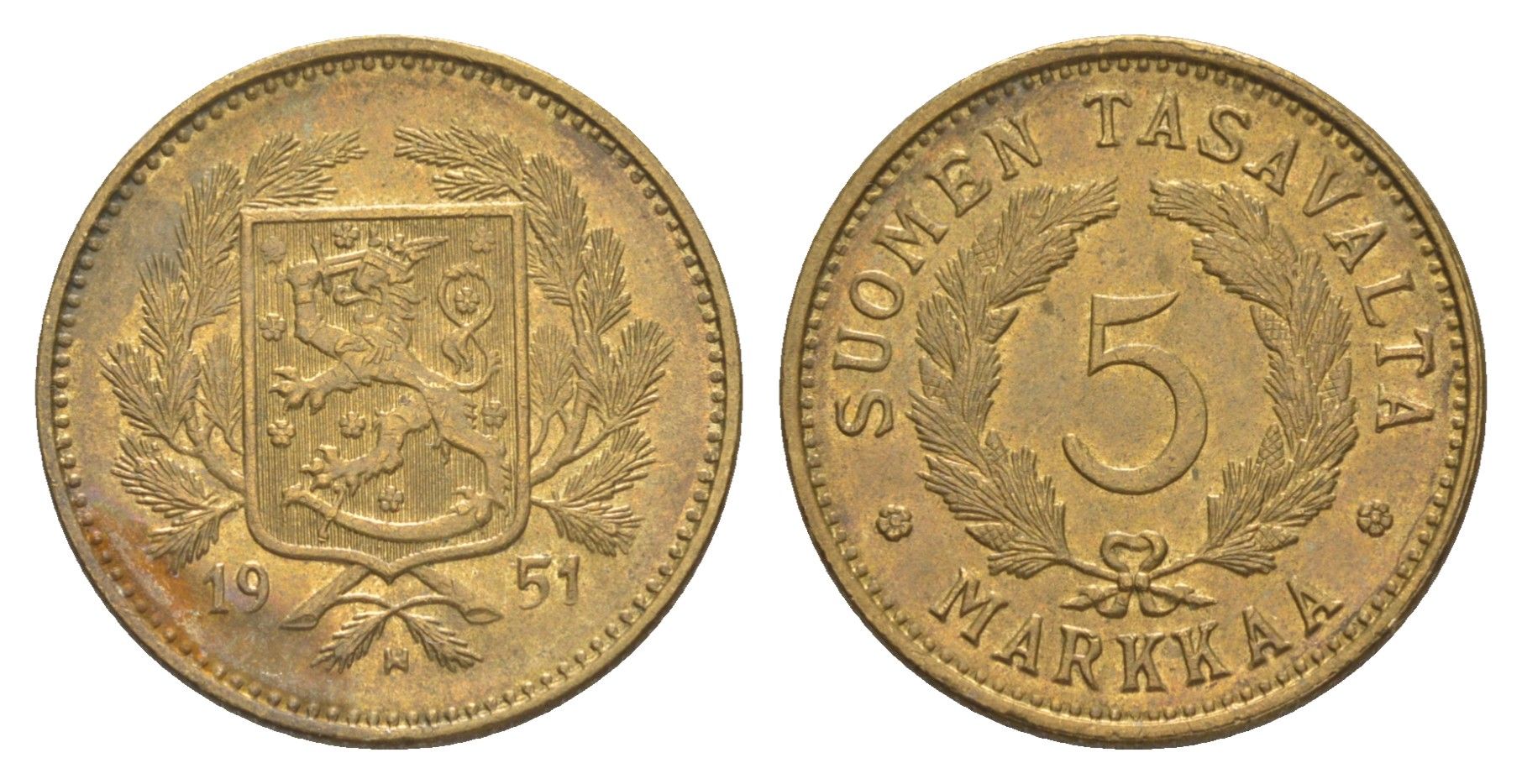 Финляндия 5 марок 1951 KM 31a латунь aUNC 4648-624