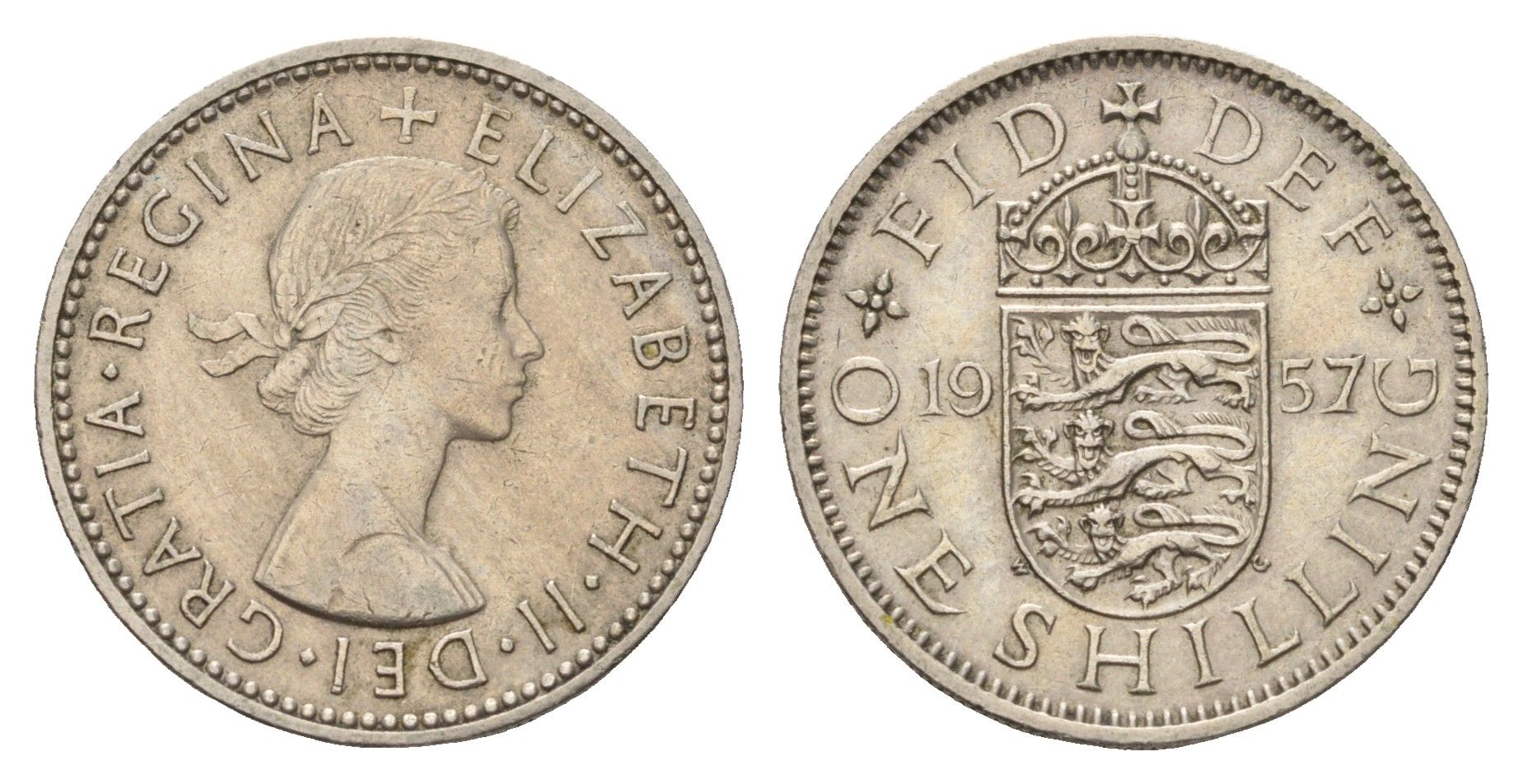 Великобритания 1 шиллинг 1957 Елизавета II (1952-2022), Английский герб KM 904, Spink 4147 медно-никель 4182-1034