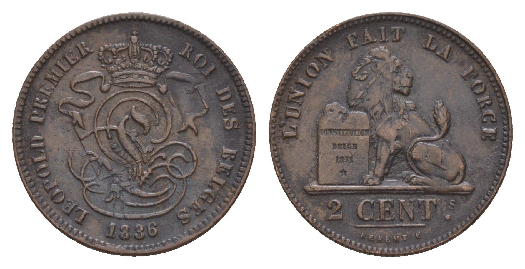 Бельгия 2 сантима 1836 Belges, Леопольд I (1831-1865) KM 4 медь 4651-1063