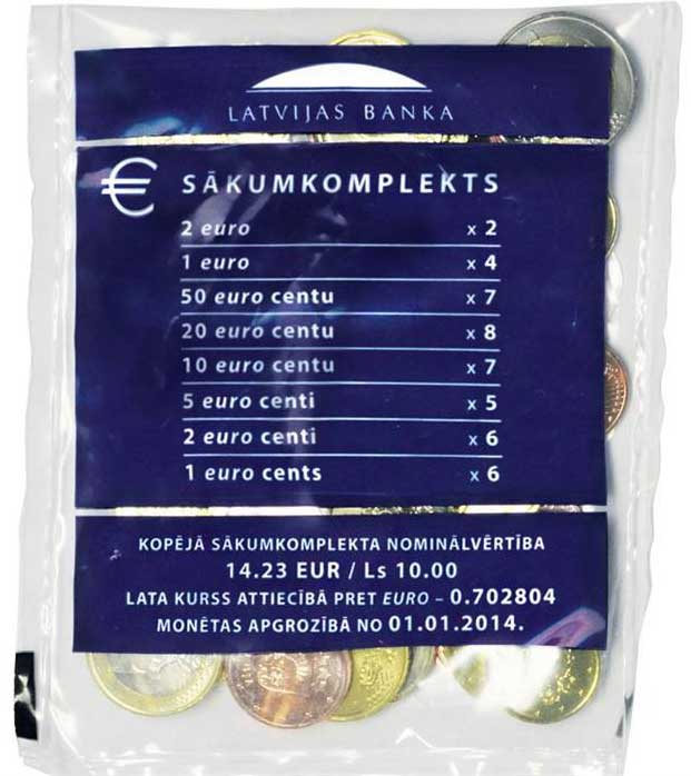 Латвия лот из 38 евромонет 2014 оригинальный набор банка Латвии, 14,23 евро = 10 латов    UNC  3-4-3-10
