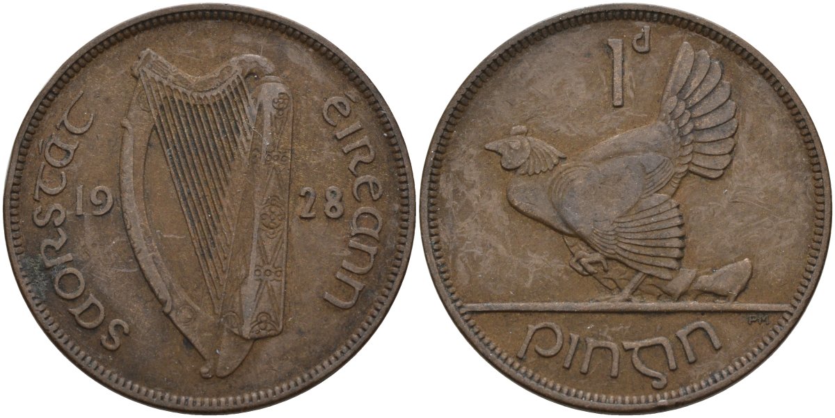 Ирландия 1 пенни 1928 курица с цыплятами KM 3 бронза 4144-1126