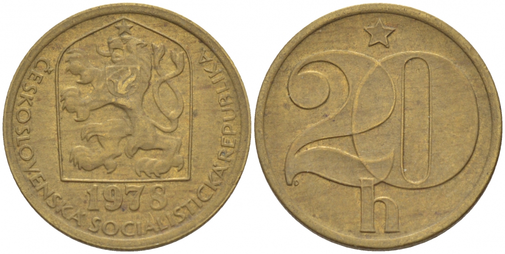 ЧЕХОСЛОВАКИЯ 20 ГЕЛЛЕРОВ 1978 KM 74 латунь 3309-664