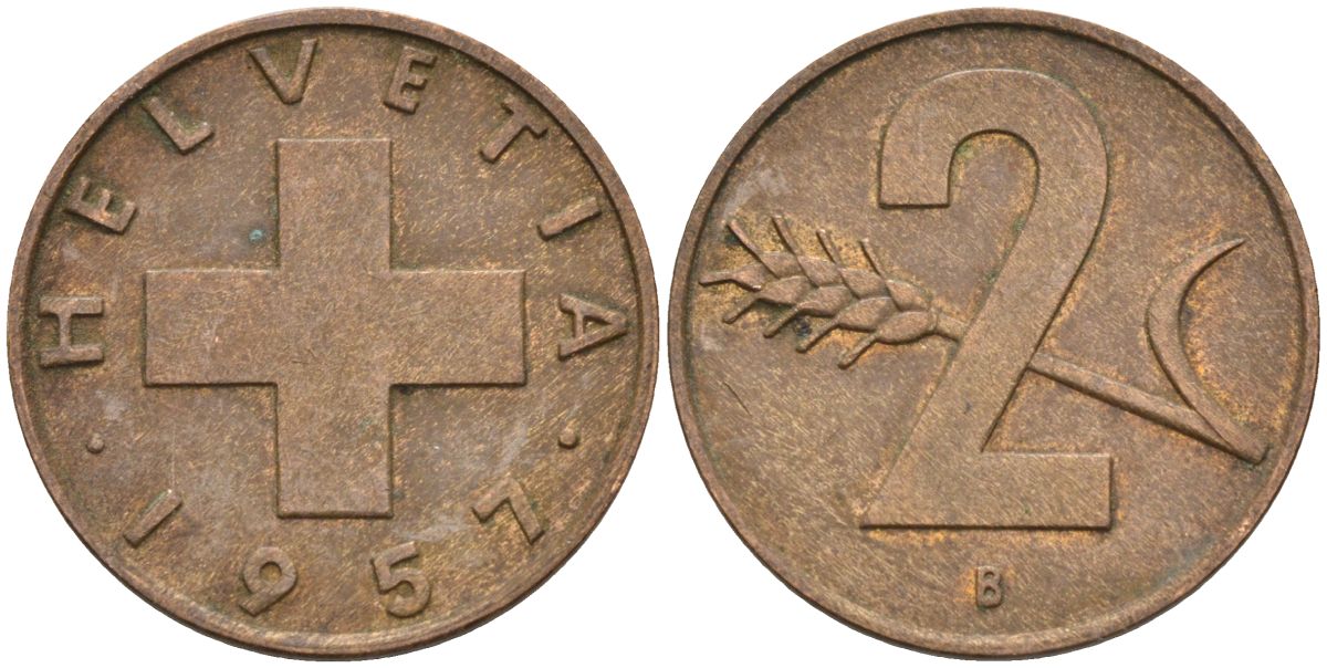 Швейцария 2 раппена 1957 В KM 47 бронза 4591-1157