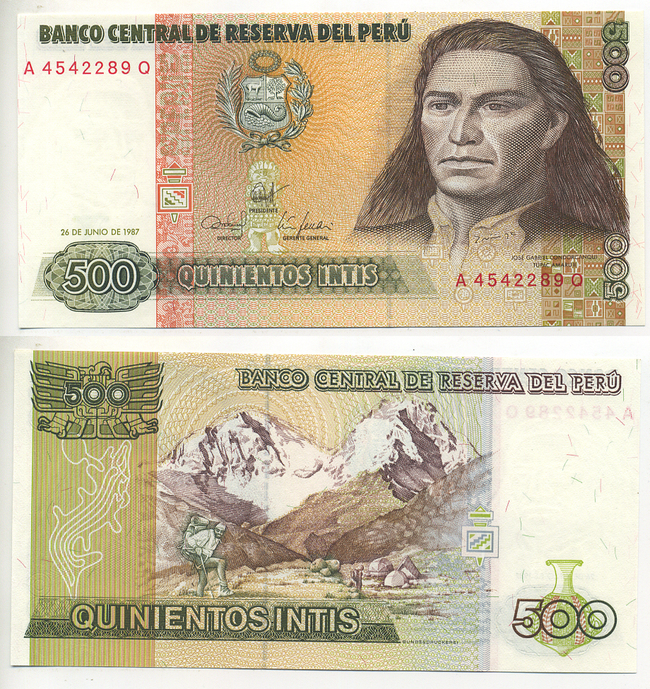 Перу 500 инти 1987 Хосе Габриель, Тупак Амару II, южноамериканский революционер, организатор восстания коренных народов против испанских колониальных властей в перу, альпинисты на восхождении Pick 134b бумага UNC (пресс) 7553-12-4