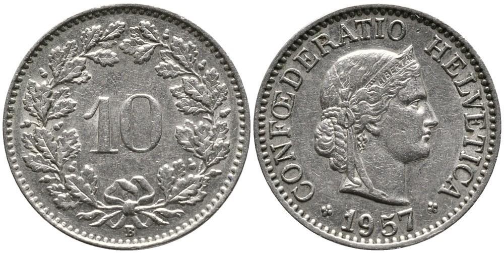 ШВЕЙЦАРИЯ 10 РАППЕНОВ 1957 В KM 27 медно-никель 4539-451