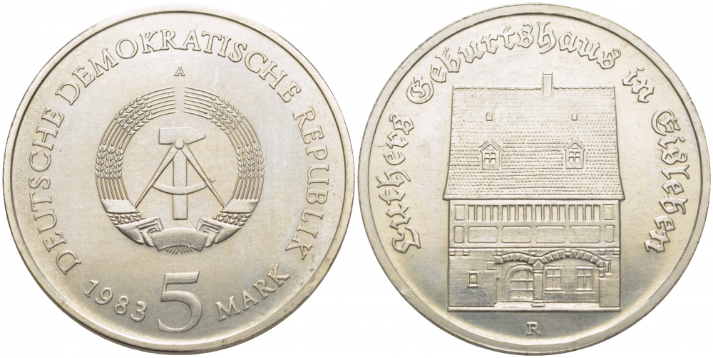 ГДР 5 марок 1983 А, Мартин Лютер, дом рождения в Айслебене KM 90, J. 1590 медно-никель UNC 272-1135